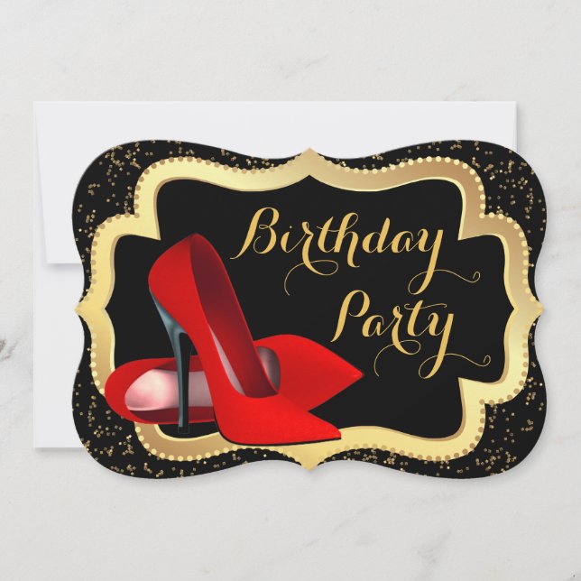 Invitation Fête d'anniversaire Talon haut rouge Noir et Or (Devant)