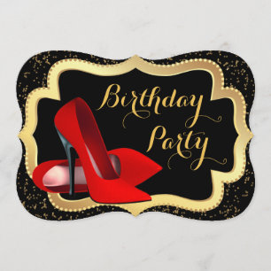 Invitation Fête d'anniversaire Talon haut rouge Noir et Or