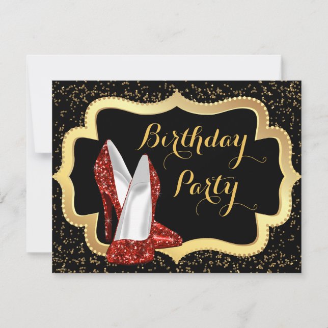 Invitation Fête d'anniversaire Talon haut rouge Noir et Or (Devant)