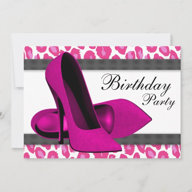 Invitation Fête d'anniversaire talons hauts et léopard rose v (Devant)