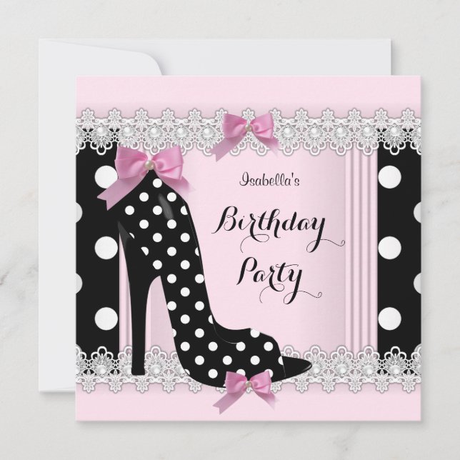 Invitation Fête d'anniversaire Talons Hauts Points noirs Rose (Devant)
