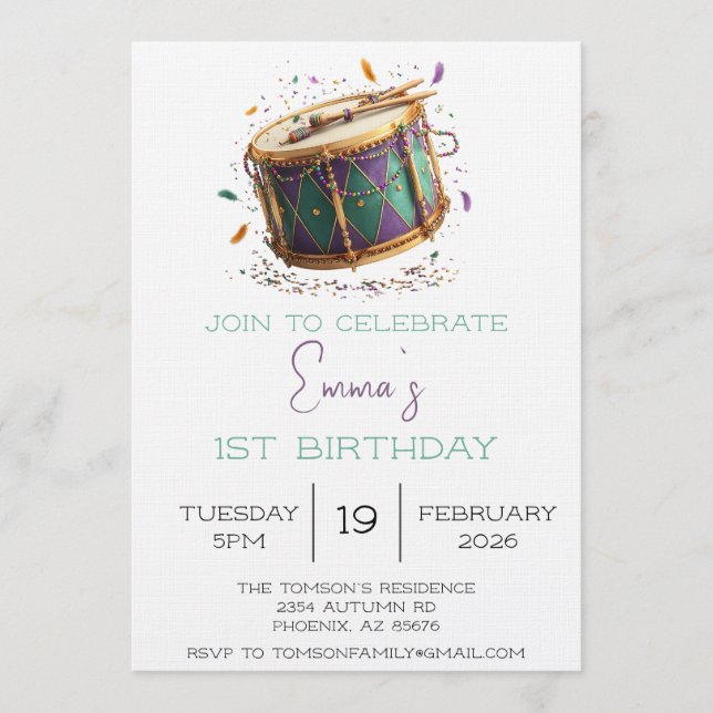 Invitation Fête d'anniversaire tambour de Mardi Gras (Devant)