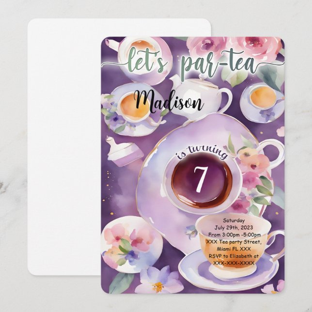 Invitation Fête d'anniversaire Tea Party (Devant / Derrière)