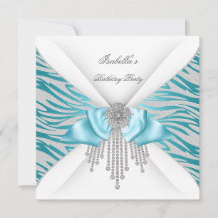 Invitation Fête d'anniversaire Teal Argent Blanc Zèbre Diaman