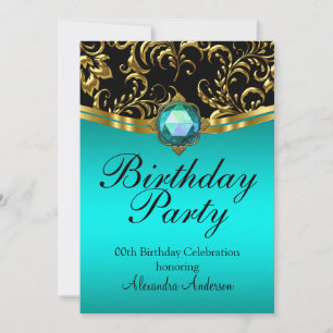 Invitation Fête d'anniversaire Teal Bleu Noir Or Damassé