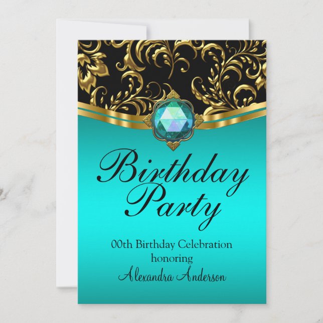 Invitation Fête d'anniversaire Teal Bleu Noir Or Damassé (Devant)