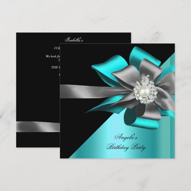 Invitation Fête d'anniversaire Teal Noir Gris Argent Bow Perl (Devant / Derrière)