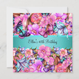Invitation Fête d'anniversaire Teal Rose Bleu Papillon Rose