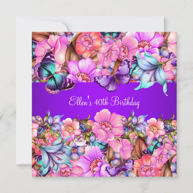 Invitation Fête d'anniversaire Teal violet bleu rose Papillon (Devant)