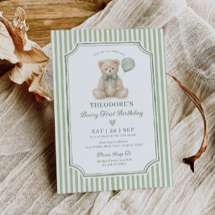 Invitation Fête d'anniversaire Teddy Bear avec rayure verte p