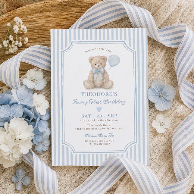 Invitation Fête d'anniversaire Teddy Bear avec une rayure ble (Créateur téléchargé)