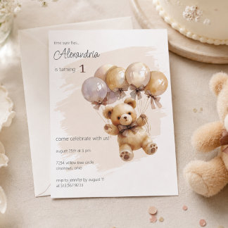 Invitation Fête d'anniversaire Teddy Bear et ballons