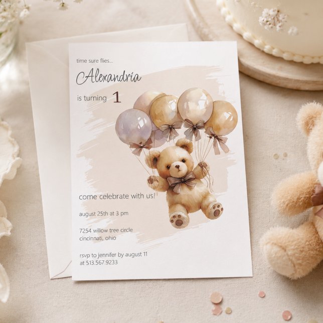 Invitation Fête d'anniversaire Teddy Bear et ballons  (Créateur téléchargé)