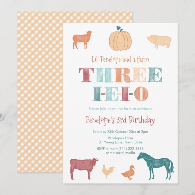 Invitation Fête d'anniversaire Terracotta Three IEIO Farm 3 a (Devant / Derrière)