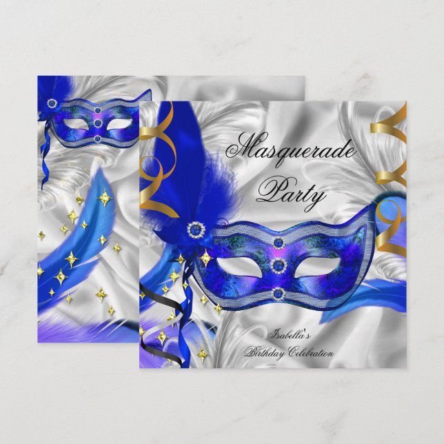 Invitation Fête d'anniversaire Thème Bal Masqué Bleu Argenté (Devant / Derrière)
