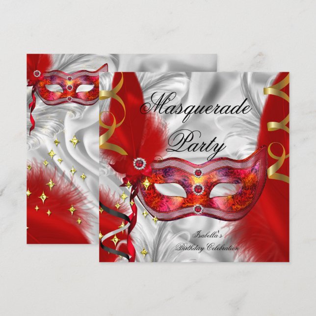 Invitation Fête d'anniversaire Thème Bal Masqué Rouge Argent (Devant / Derrière)