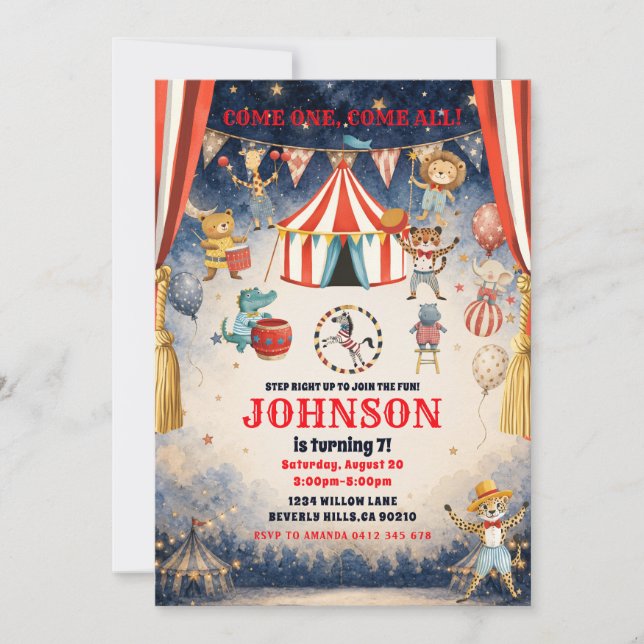 Invitation Fête d'anniversaire thème cirque vintage pour enfa (Devant)