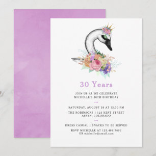 Invitation Fête d'anniversaire thème cygne floral aquarelle t