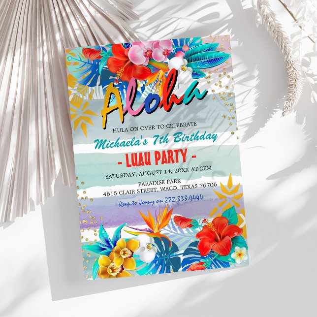 Invitation Fête d'anniversaire Thème Floral Tropical Aloha Lu (Créateur téléchargé)