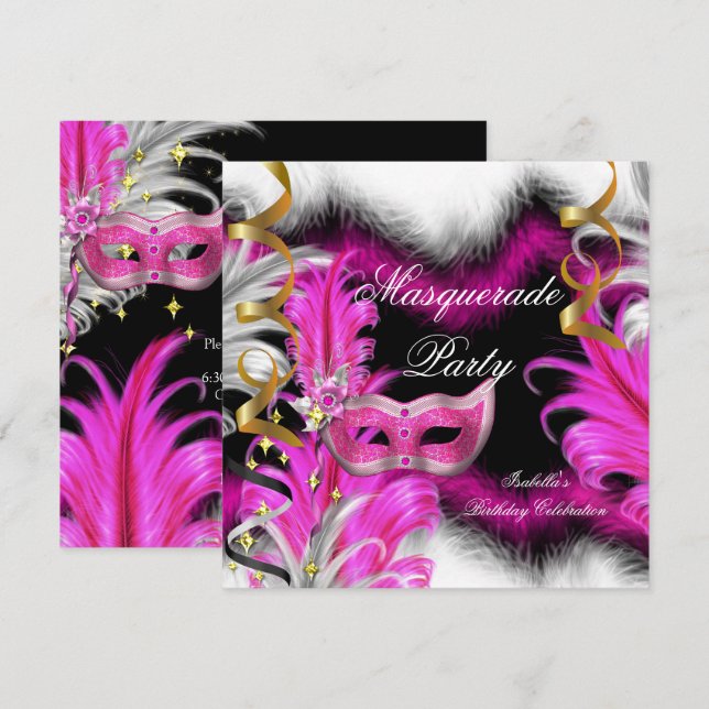 Invitation Fête d'anniversaire Thème Mascarade Rose Noir Blan (Devant / Derrière)