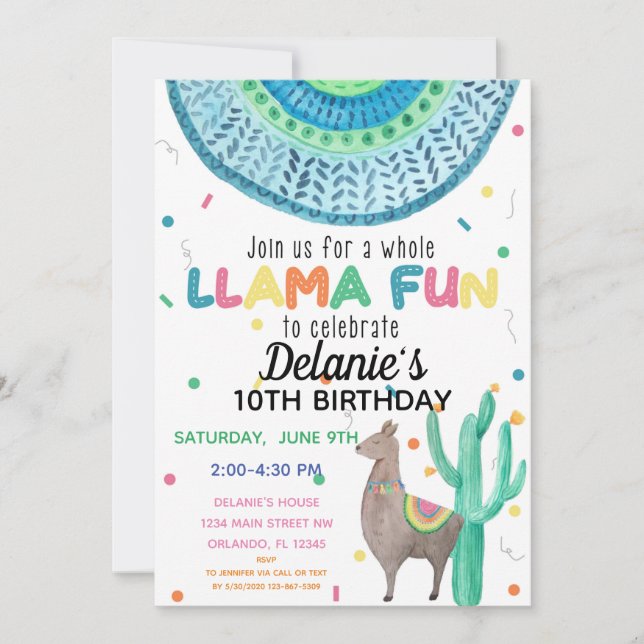 Invitation Fête d'anniversaire thème mexicain Llama (Devant)