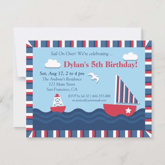 Invitation Fête d'anniversaire thème nautique bleu rouge blan (Devant)