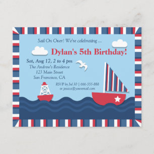 Invitation Fête d'anniversaire thème nautique bleu rouge blan