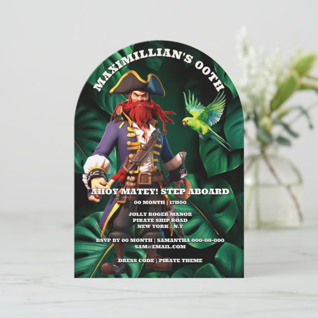 Invitation Fête d'anniversaire thème pirate garçon capitaine  (Debout devant)