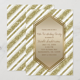 Invitation Fête d'anniversaire thème rayures paillettes or bl