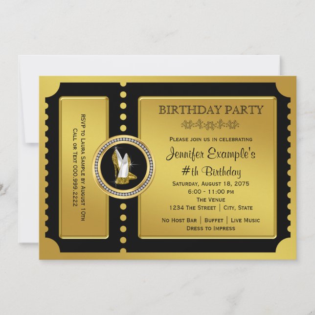 Invitation Fête d'anniversaire Ticket d'or Chaussure à talons (Devant)