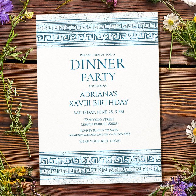 Invitation Fête d'anniversaire Toga en bleu avec éléments en  (Créateur téléchargé)