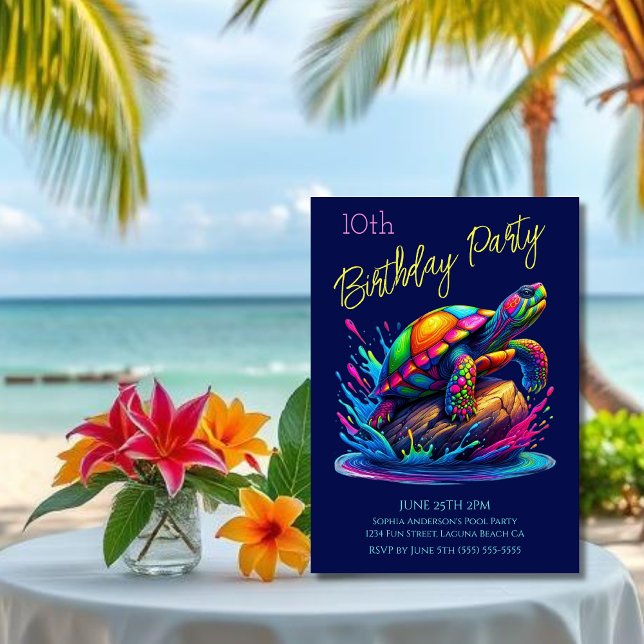Invitation Fête d'anniversaire - Tortue colorée éclaboussure (Colorful Turtle Splash-Fisherman Core-Dopamine Dressing-Birthday Party Invitation-Blue)