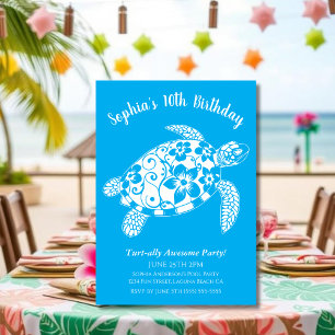 Invitation Fête d'anniversaire-Tortue Hawaïenne Bleu Clair