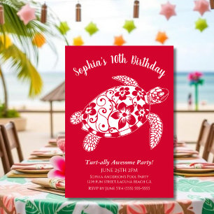 Invitation Fête d'anniversaire-Tortue Hawaïenne Rouge Cerise