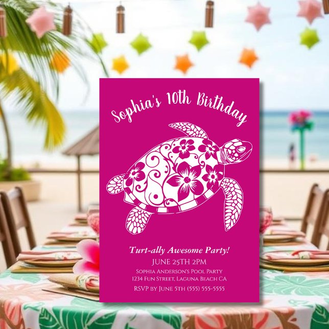 Invitation Fête d'anniversaire - Tortue rose hawaïenne (Birthday Party Invitation, Hawaiian Turtle, Tropical Flowers, Hawaiian Tribal, summer, beach, pool)
