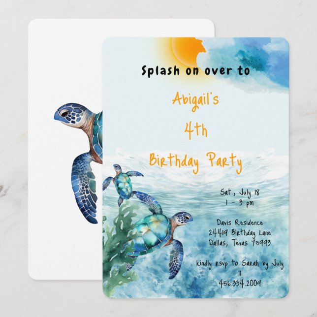 Invitation Fête d'anniversaire Tortue sous la mer (Devant / Derrière)