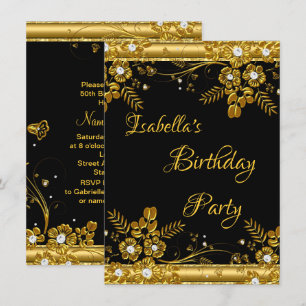 Invitation Fête d'anniversaire Tourbillon floral diamant noir