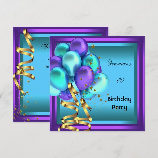 Invitation Fête d'anniversaire tout âge Ballons violet sarcel (Devant / Derrière)