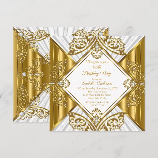 Invitation Fête d'anniversaire tout âge blanc or diamant  (Devant / Derrière)