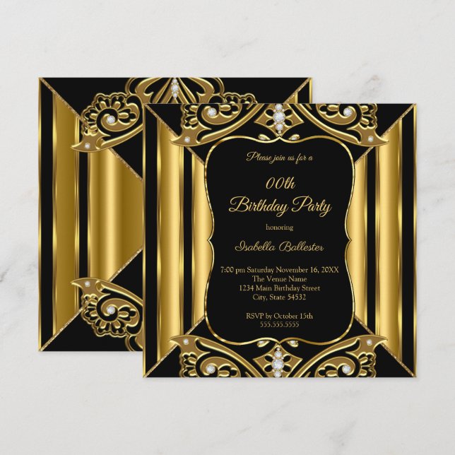Invitation Fête d'anniversaire tout âge image Noir Or Diamant (Devant / Derrière)