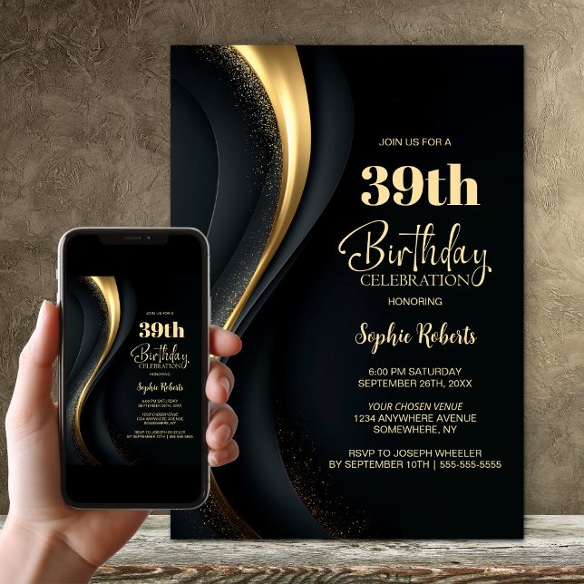 Invitation Fête d'anniversaire tout âge noir et or (Créateur téléchargé)