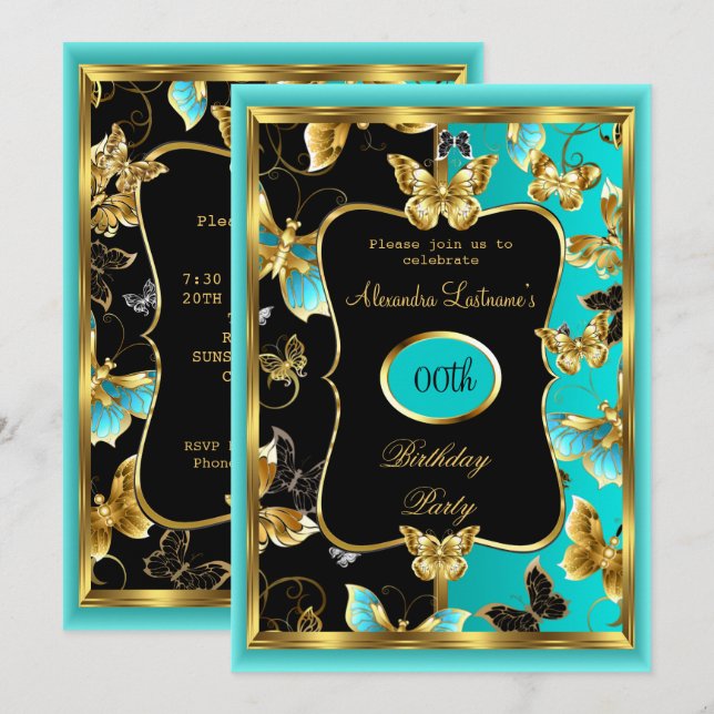 Invitation Fête d'anniversaire tout âge Papillon Bleu sarcell (Devant / Derrière)