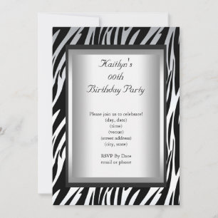 Invitation Fête d'anniversaire tout âge Zèbre noir blanc Anim