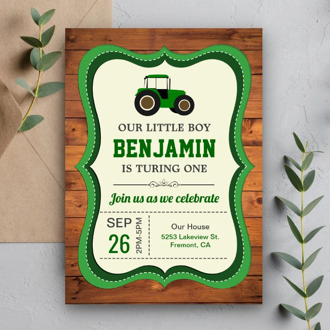Invitation Fête d'anniversaire tracteur agricole en bois rust (Créateur téléchargé)