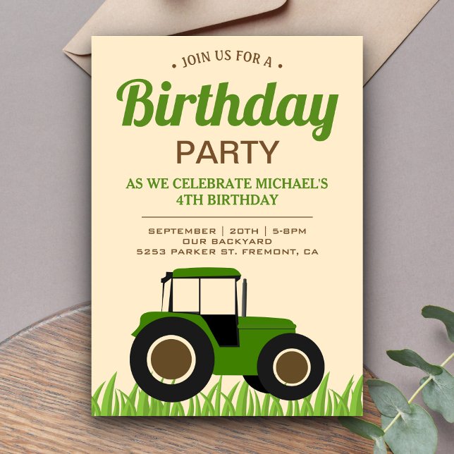Invitation Fête d'anniversaire tracteur de ferme vert moderne (Créateur téléchargé)