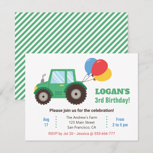 Invitation Fête d'anniversaire tracteur vert et ballons (Devant / Derrière)