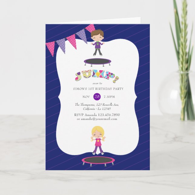 Invitation Fête d'anniversaire trampoline bleu royal et viole (Devant)