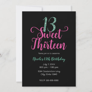 Invitation Fête d'anniversaire treize ans rose noir aqua Trei