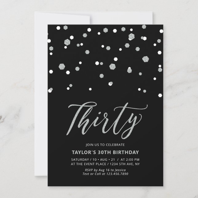 Invitation Fête d'anniversaire trente 30 ans confettis noir e (Devant)