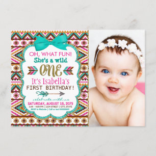Invitation Fête d'anniversaire Tribal pour filles 1 an